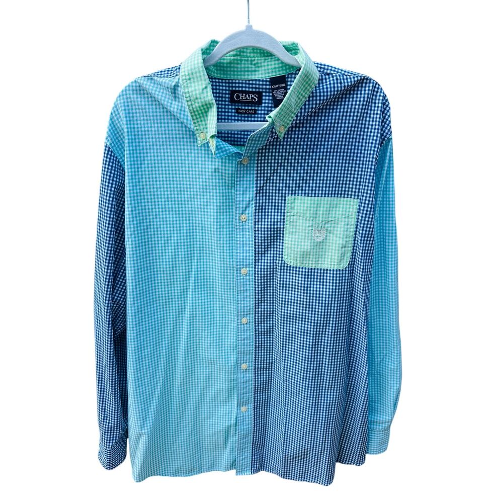 Chaps Men’s XXL Colorblock Gingham Button Down Shirt Blue Green Casual Preppy